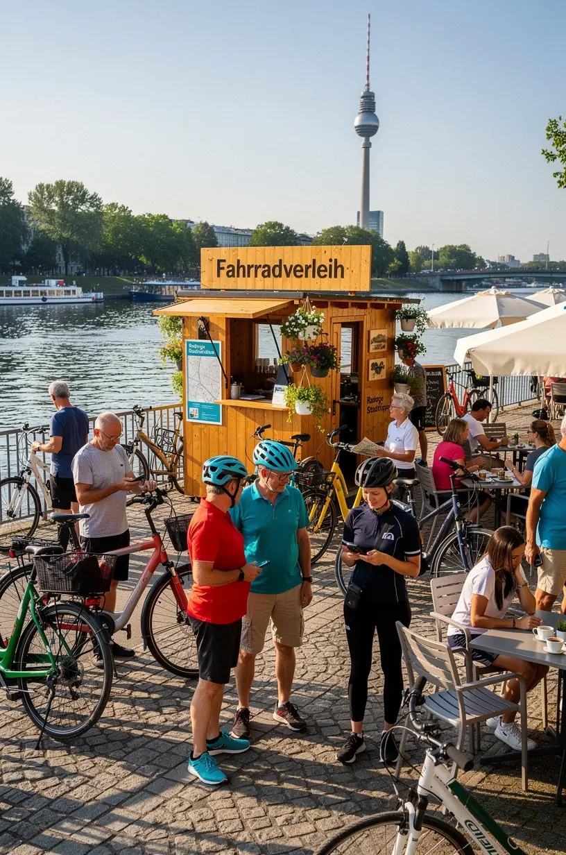 Moderne Fahrradverleihstation in einer deutschen Stadt mit verschiedenen Fahrradtypen und Informationsschildern zu regionalen Radwegen.